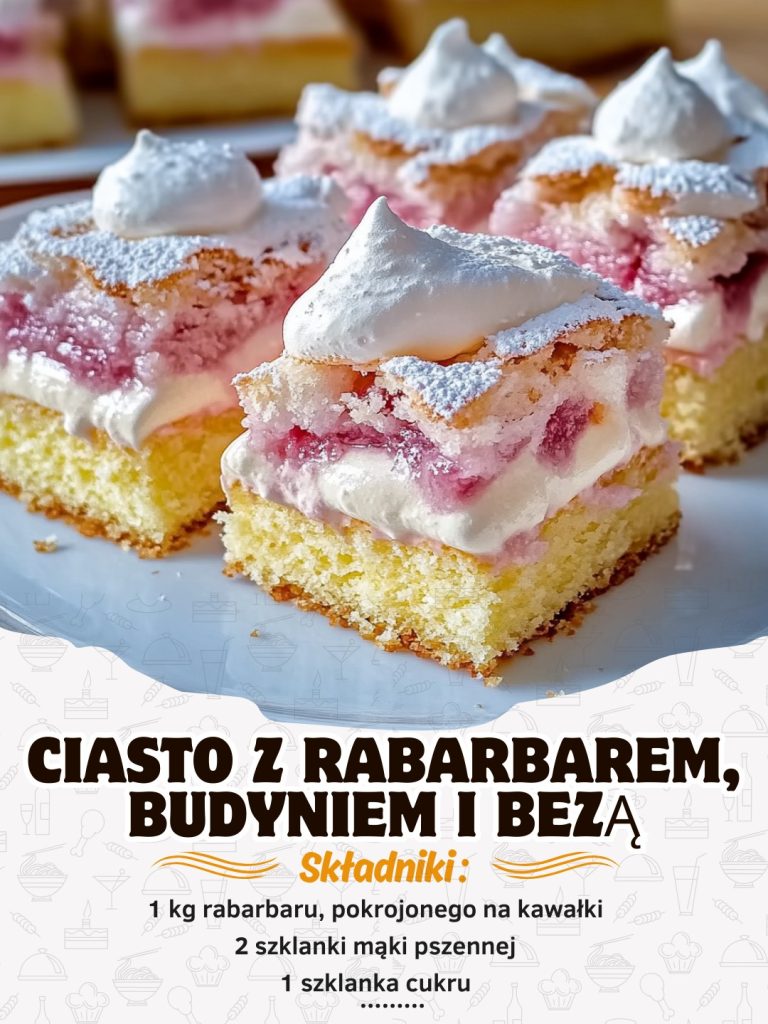 Ciasto z rabarbarem, budyniem i bezą